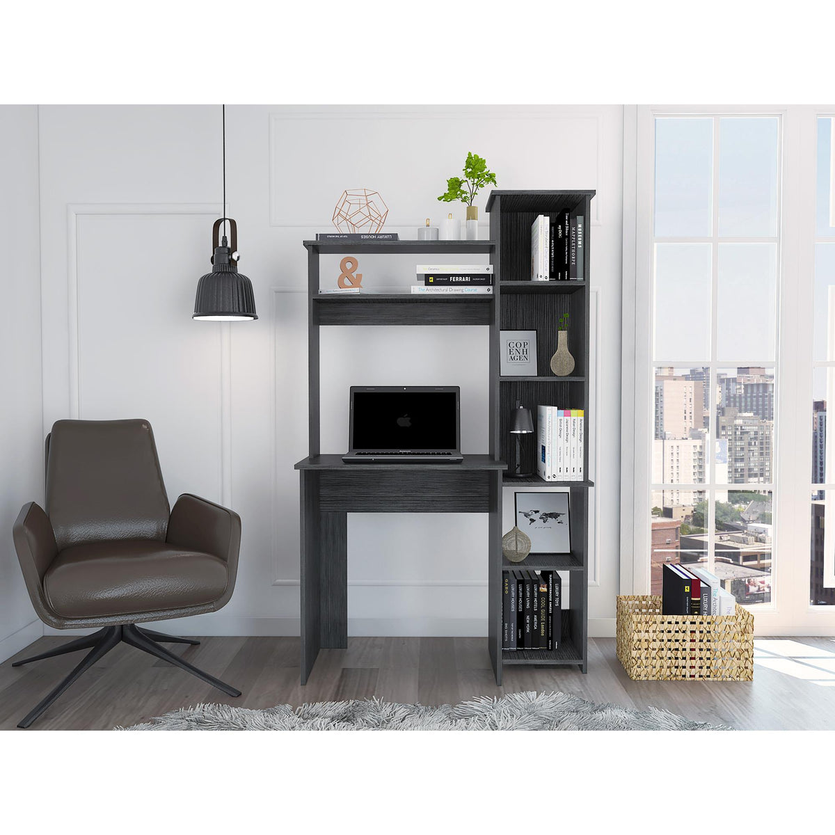 Valhalla Writintg Desk, Two Superior Shelves, Five Cubbies -Smokey Oak