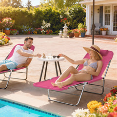 Folding Chaise Lounge Chair, Pool Sun Tanning Chair, Outdoor Lounge Chair with Reclining Back, Breathable Mesh Seat, Headrest for Beach, Yard, Patio, Pink