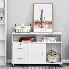 Printer Stand Home Office Mobile Storage Cabinet Organizer Desktop with Caster Wheels, 2 Locking Breaks and Drawer, White