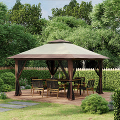 13' x 13' Pop Up Gazebo Instant Canopy Tent Shelter with 2-Tier Roof, Carry Bag, Wight Bags for Outdoor, Garden, Beige