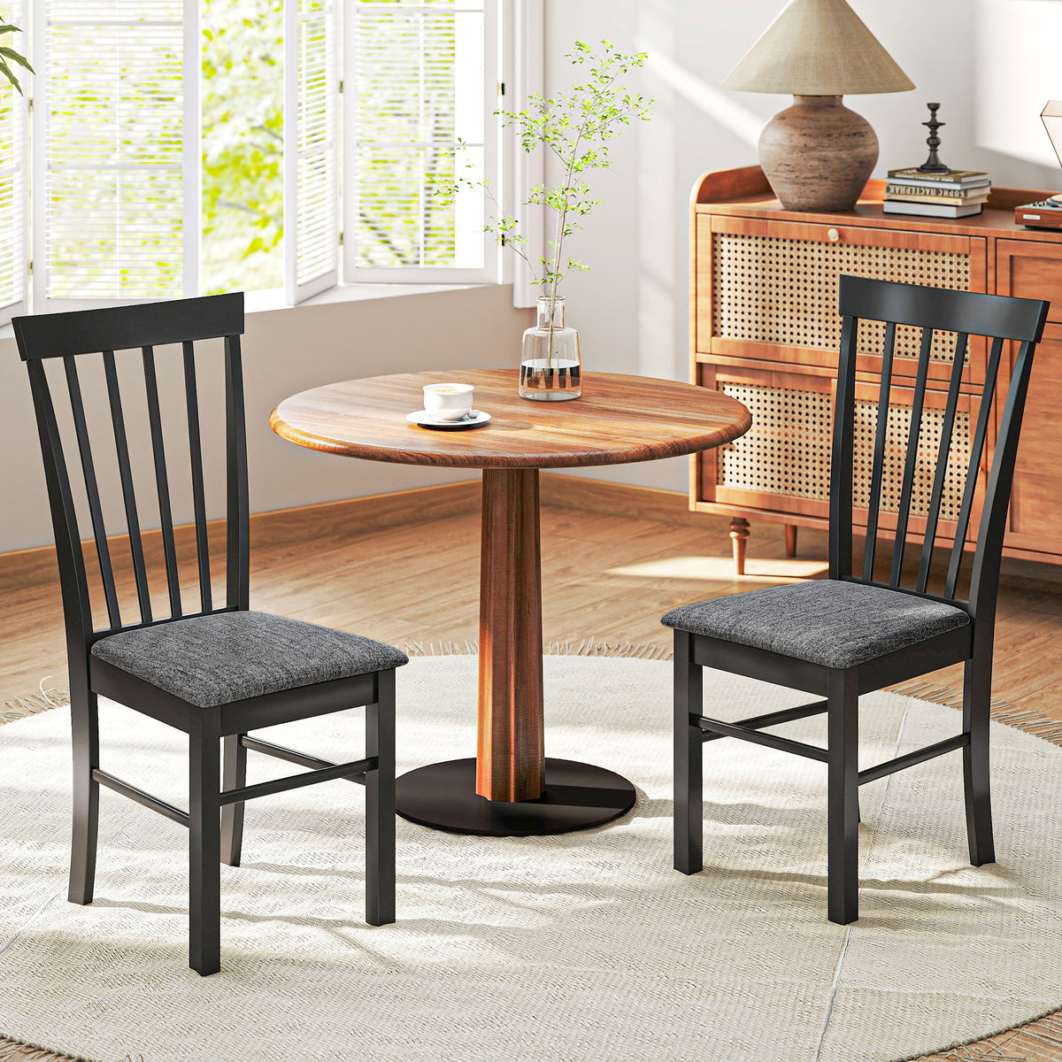 Wooden Dining Chairs Set of 2, Farmhouse Upholstered Kitchen Chairs with Rubber Wood Frame, Black and Gray