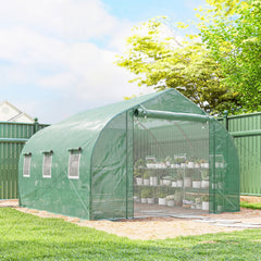 10'x11'x6' Walk-in Tunnel Greenhouse with Shelves, Mesh Door and Windows, Plant Hot House with PE Cover, Green