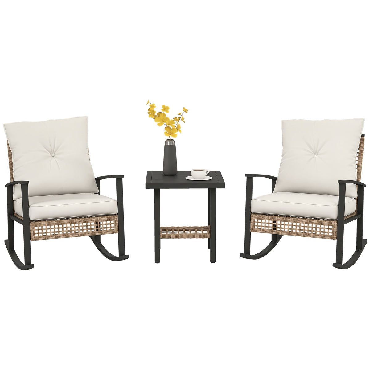 3 Pieces Bistro Set, Patio Wicker Furniture Set with Button Tufted Cushions, Rattan Rocking Chairs, Coffee Table, White