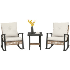 3 Pieces Bistro Set, Patio Wicker Furniture Set with Button Tufted Cushions, Rattan Rocking Chairs, Coffee Table, White
