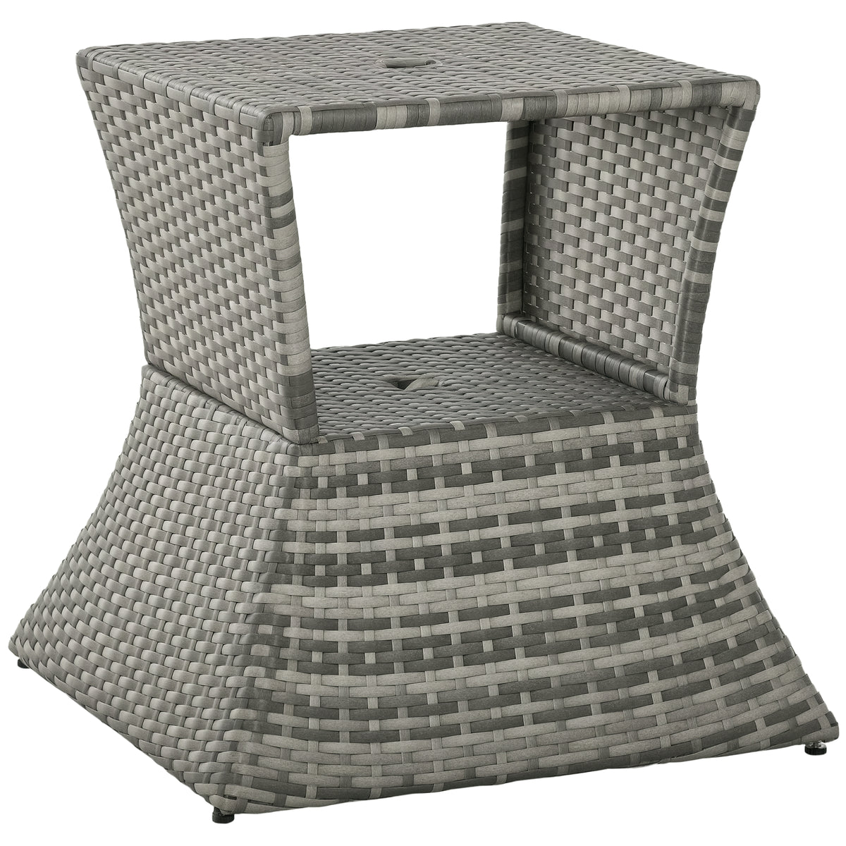 Outdoor Side Table with Umbrella Hole, 2 Tier Rattan Wicker End Table with Storage Shelf, All Weather for Outdoor, Patio, Garden, Backyard, Mixed Gray