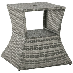 Outdoor Side Table with Umbrella Hole, 2 Tier Rattan Wicker End Table with Storage Shelf, All Weather for Outdoor, Patio, Garden, Backyard, Mixed Gray