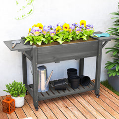 Wood Raised Planter Box, Elevated Garden Bed with Lockable Wheels, Side Tables, Bottom Shelf, Drain Holes, Gray