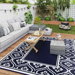 Reversible Outdoor Rug, Waterproof Plastic Straw with Carry Bag, 8' x 10', Blue & White Gourd Border