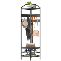Corner Hall Tree, Industrial 4-Tier Coat Rack with Shoe Storage, 8 Movable Hooks and 2 Shelves for Hallway, Black