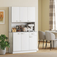 71" Kitchen Pantry Cabinet, Tall Storage Cabinet with Microwave Stand, Buffet with Hutch, 6 Doors, Storage Drawer, 3 Adjustable Shelves for Living Room, Dining Room, White