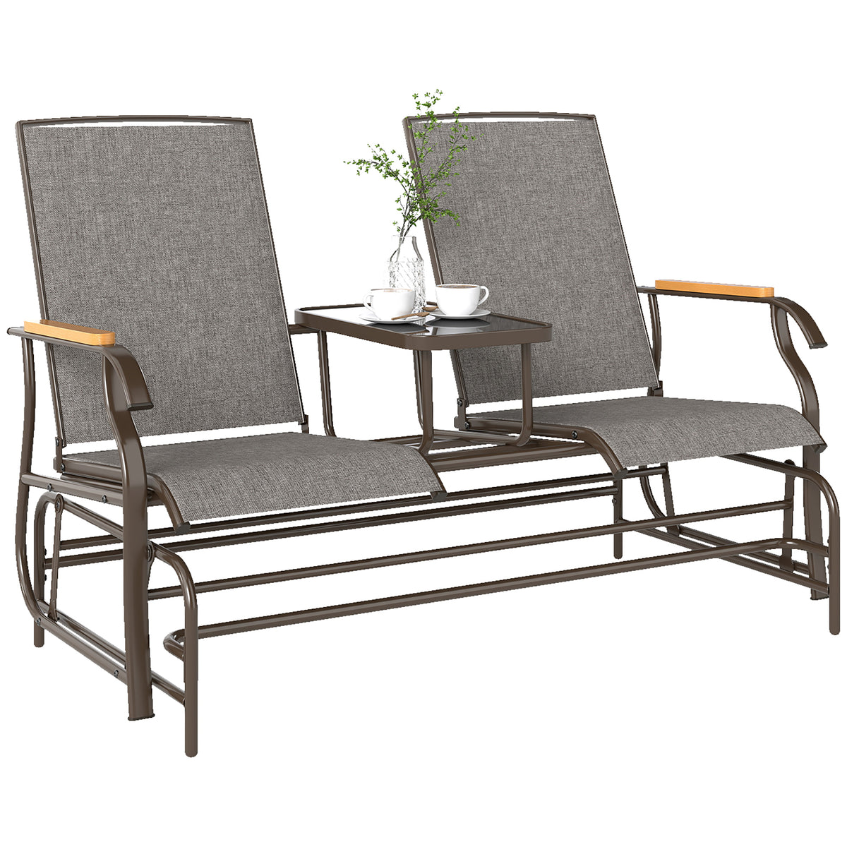 Outdoor 2-Person Glider Bench, Outside Glider Swing Chair Loveseat with Table, Steel Frame, Light Mixed Brown