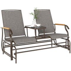 Outdoor 2-Person Glider Bench, Outside Glider Swing Chair Loveseat with Table, Steel Frame, Light Mixed Brown