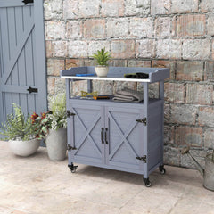 Outdoor Wooden Potting Bench with Storage Cabinet, Aluminum Tabletop, Rubber Wheels for Backyard, Patio, Balcony, Gray