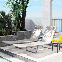 2 Piece Sun Loungers, Folding Chaise Lounge Chairs with Reclining Back, Breathable Mesh Seat, Headrest, Cream White