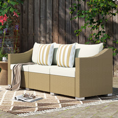 Rattan Wicker 3 Seater Patio Couch with Cushions, 2 Throw Pillows, Outdoor Furniture Rattan Sofa, Cream White