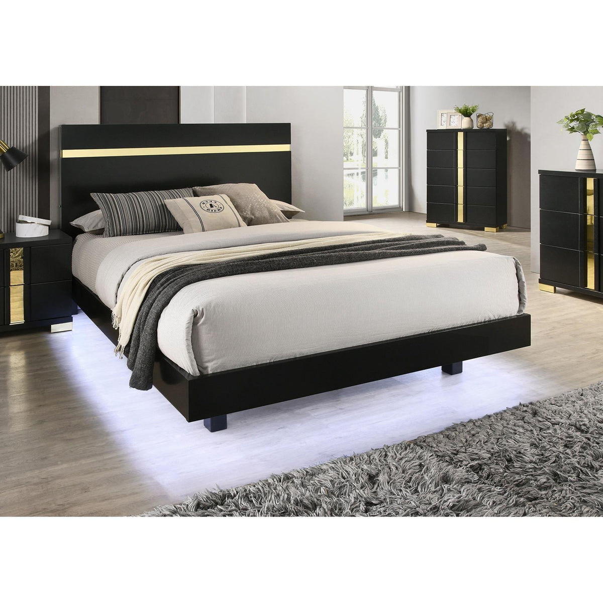 Black 1pc Queen Size Bed Underbed LED Modern Bedroom Furniture Acrylic Trim Mattress Ready Bedframe