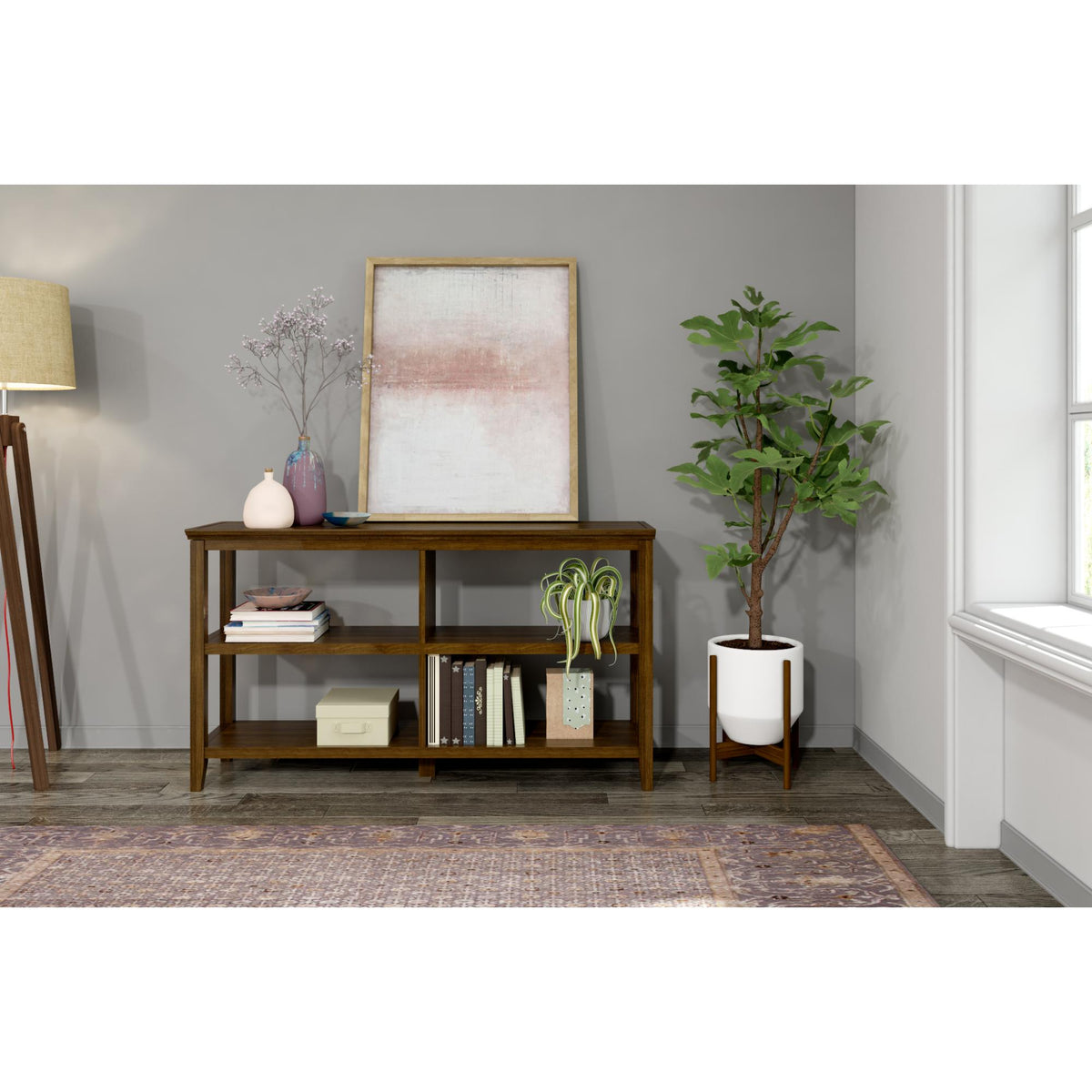 Wood Low Bookshelf with 2 Shelves; Walnut, 1PC