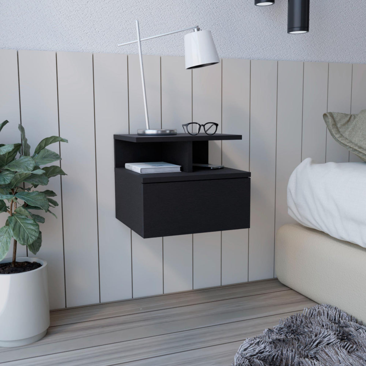 Cosmos Floating Nightstand , End Table, Side Table Drawer, Open Top Shelves -Black