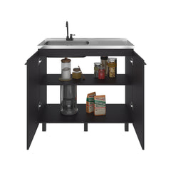 Pulsar Utility Sink Complete with Faucet, Freestanding Base with Legs and Deep Stainless Steel Basin, Modern Multi-Purpose Sink for Kitchen, Laundry or Utility Room, Black + Dark Walnut