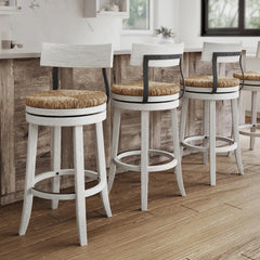 31" Wood Bar-Height Bar Stool with Natural Seagrass Seat, Reclaimed White, 1PC
