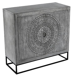 Sun 39 Inch Handcrafted Accent Cabinet with 2 Doors, Medallion Engraved, Sandblasted Gray Mango Wood, Black Iron Framed Stand