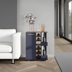 Bar Cart, Two External Shelves, Four Casters, Six Built-In Wine Rack, Single Door Cabinet, Natural Oak, Blue