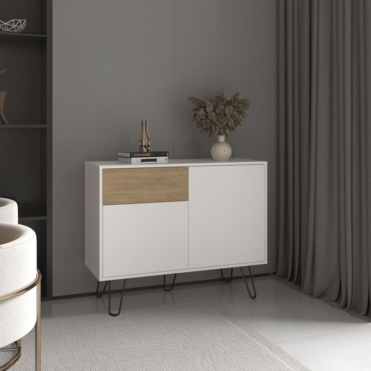 Jason 39" Wide Console Table With Two Cabinets, One Drawer and Four Shelves, White - Natural Oak