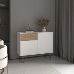 Jason 39" Wide Console Table With Two Cabinets, One Drawer and Four Shelves, White - Natural Oak