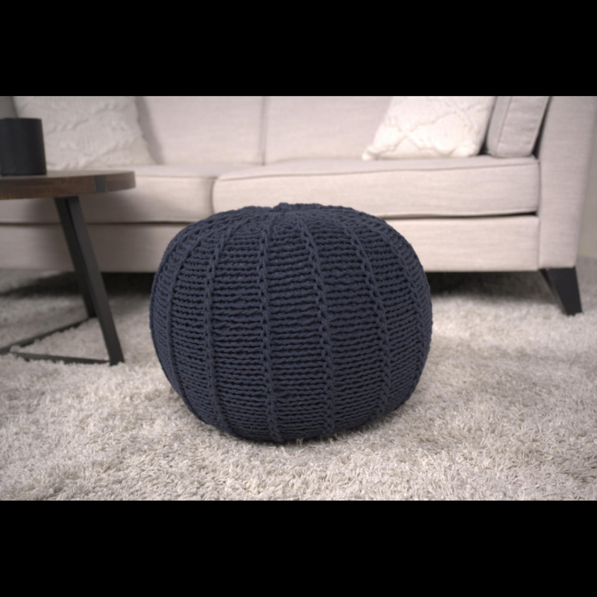 Poseidon Knitted Cotton Round Pouf, Dark Blue