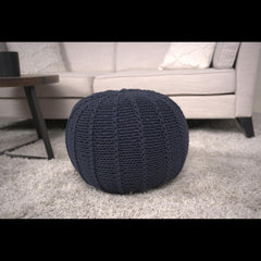 Poseidon Knitted Cotton Round Pouf, Dark Blue