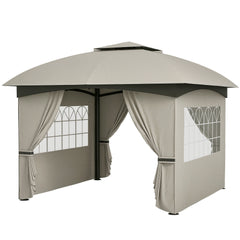 11' x 11' Outdoor Gazebo, Double Roof Patio Gazebo with Curtains, Church Windows, Galvanized Steel Frame, Light Gray