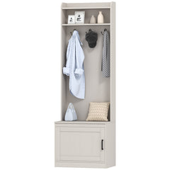 Narrow Hall Tree with Shoe Storage Bench, Rustic Entryway Bench with Coat Rack, Accent Coat Tree with Storage Shelves for Hallway, Mudroom, White Wood Grain