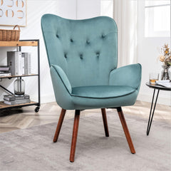 Mid-Century Modern Wingback Accent Chair, Button-Tufted Polyester Fabric Armchair with Solid Wood Splayed Legs for Living Room Bedroom Home Office
