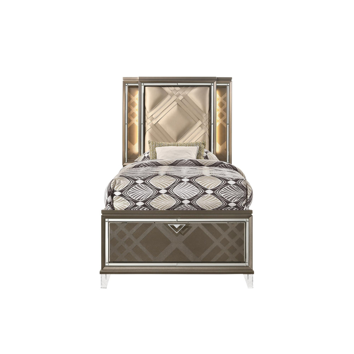 Fable Synthetic leather & Dark Champagne Finish Full Bed W/Led & Storage