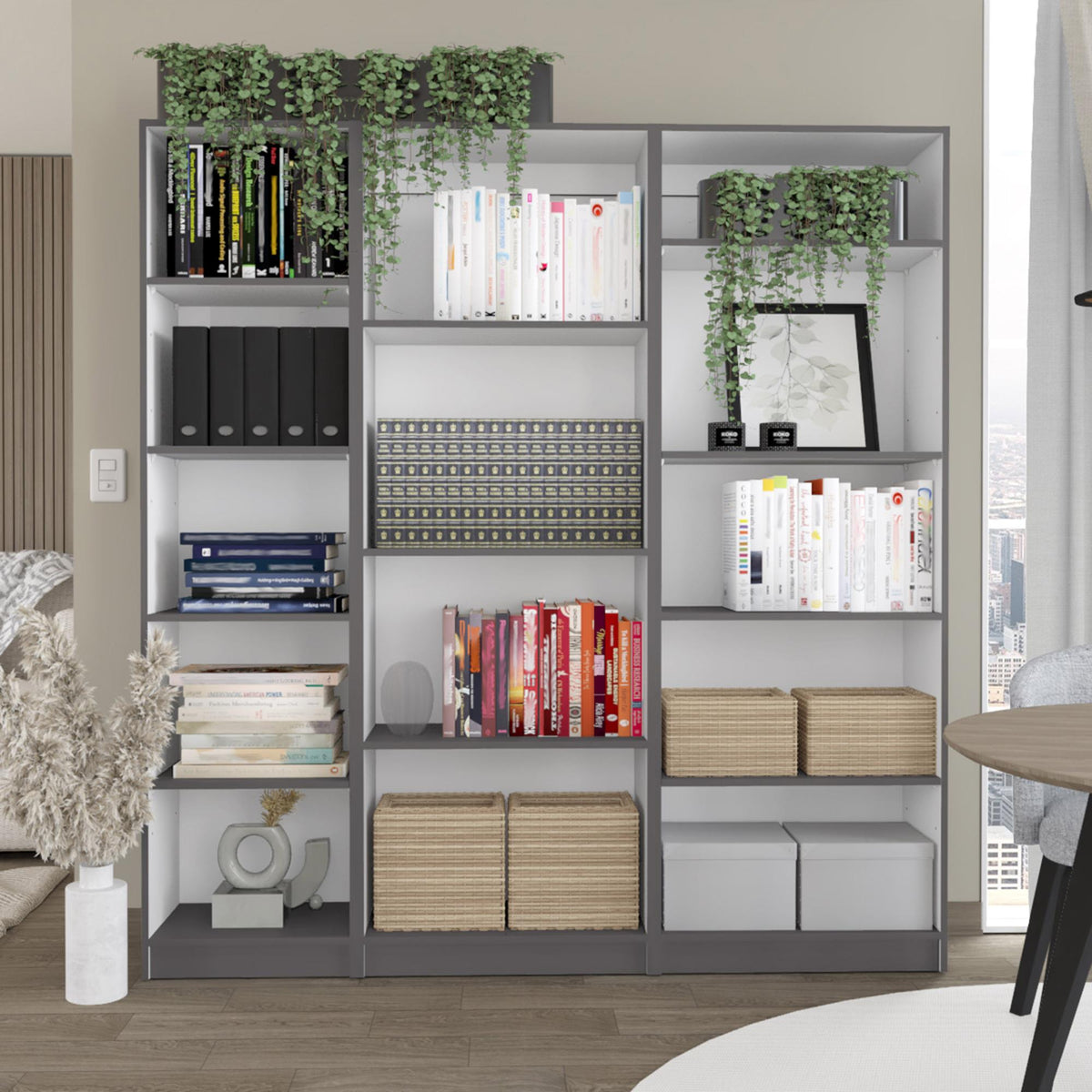 Nebula 3 Piece Home Bookcase set, 67" Wide with 14 Shelves , Living Room Set Set Mat Gray - White