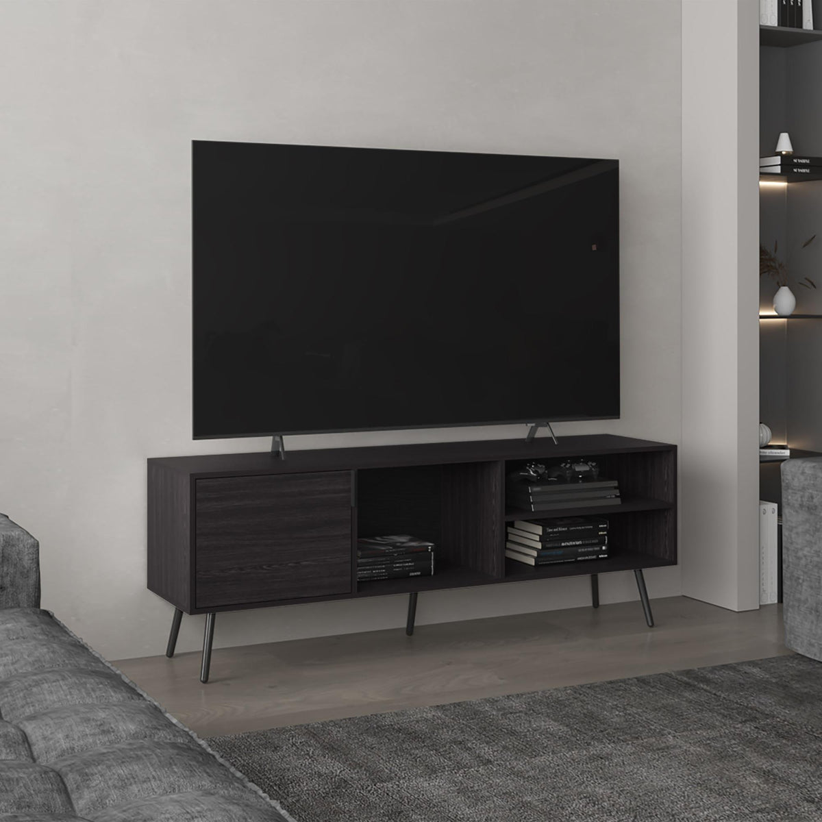 Oasis 63" Wide Tv Stand with One Cabinet, Three Open Shelves, Cable Management, Living Room, Tv Room Black Wengue