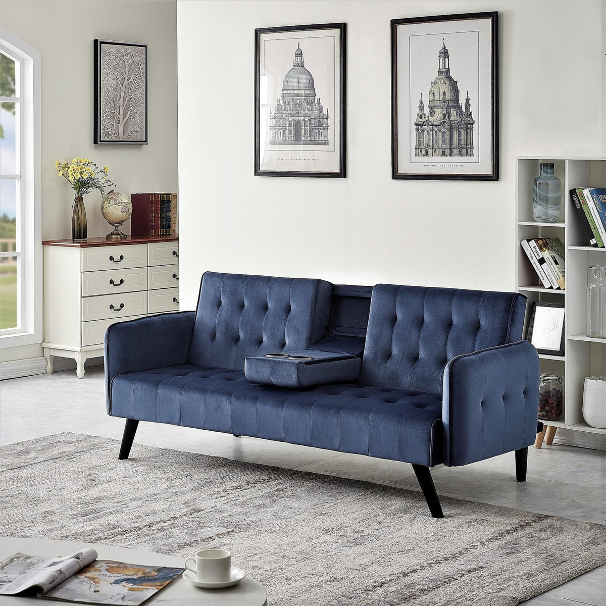 72" Velvet Convertible Sofa Bed with Cup Holders, Tufted Folding Futon Sleeper Couch, Mid-Century Modern 3 Seater for Small Spaces, 72" L x 34.6" D x 31" H, Dark Blue