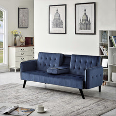 72" Velvet Convertible Sofa Bed with Cup Holders, Tufted Folding Futon Sleeper Couch, Mid-Century Modern 3 Seater for Small Spaces, 72" L x 34.6" D x 31" H, Dark Blue