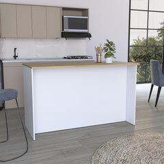 Archive Kitchen Island, Three Open Shelves, Two Cabinets White - Natural Oak
