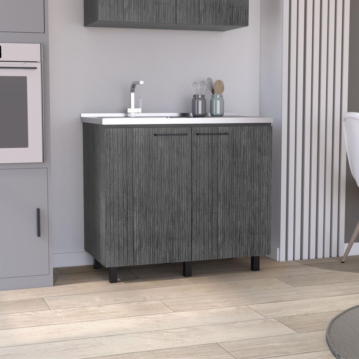 Pulsar 2 Utility Sink with Cabinet, Stainless Steel Countertop, Interior Shelf Smokey Oak