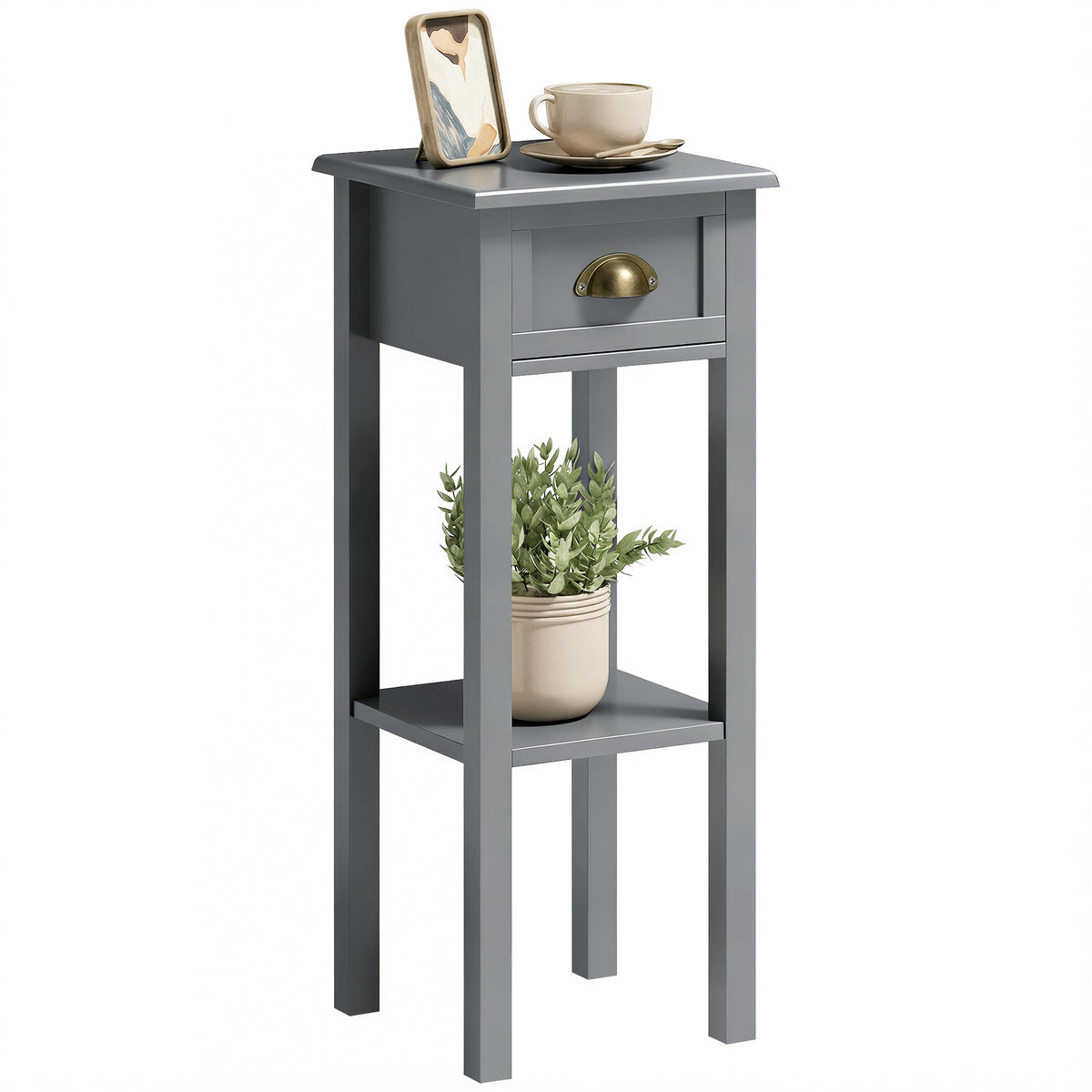 2-Tier Side Table with Drawer and Shelf, End Table for Living Room and Hallway, Gray
