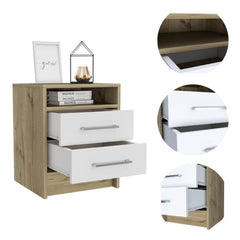 Hephaestus Nightstand , End Table, Side Table Superior Top, Two Drawers -White / Light Oak