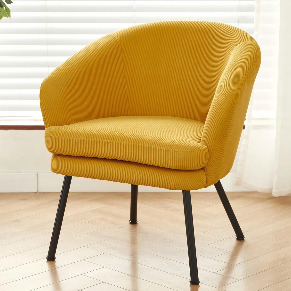 Corduroy Accent Chair with Black Metal Legs, Modern Upholstered Armchair, Comfy Barrel Chair for Living Room Bedroom
