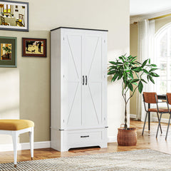 72" Farmhouse Pantry Cabinet with Adjustable Shelves, Kitchen Pantry Cabinet with 2 Doors, Distressed White