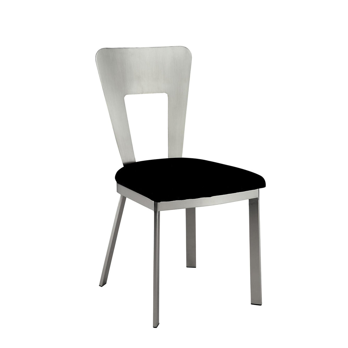 Contemporary Silver Metal 2pc Dining Chairs Black Microfiber Seat Dining Room Keyhole Back Satin Plated Powder Coating Chair
