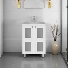 Neptune Bathroom Vanity Cabinet with 2 frosted glass Doors, Resin Sink and 2 Interior Shelves Cabinet, Compact Vintage and Modern Bathroom Vanity