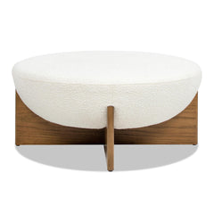 Vista 37" Round Upholstered Cocktail Ottoman with Natural Wood Base, Ivory White Boucle