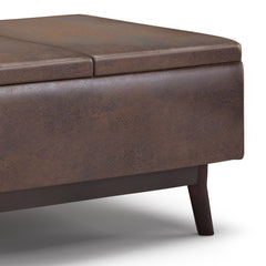 Hecuba 34 inch Wide Tray Top Small Coffee Table Storage Ottoman in Distressed Chestnut Brown Vegan Leather