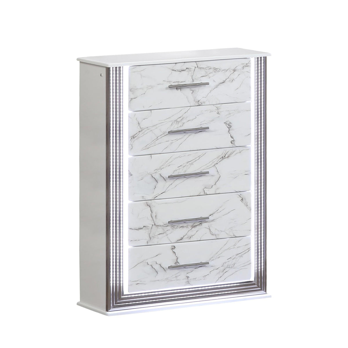 Diary Chest – Marble-Patterned Drawers with LED Side Panels and Metallic Trim for Spacious, Stylish Bedroom Organization