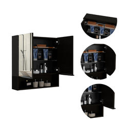 Saga Mirror Cabinet, Three Internal Shelves, One Open Shelf, Double Door Cabinet -Black